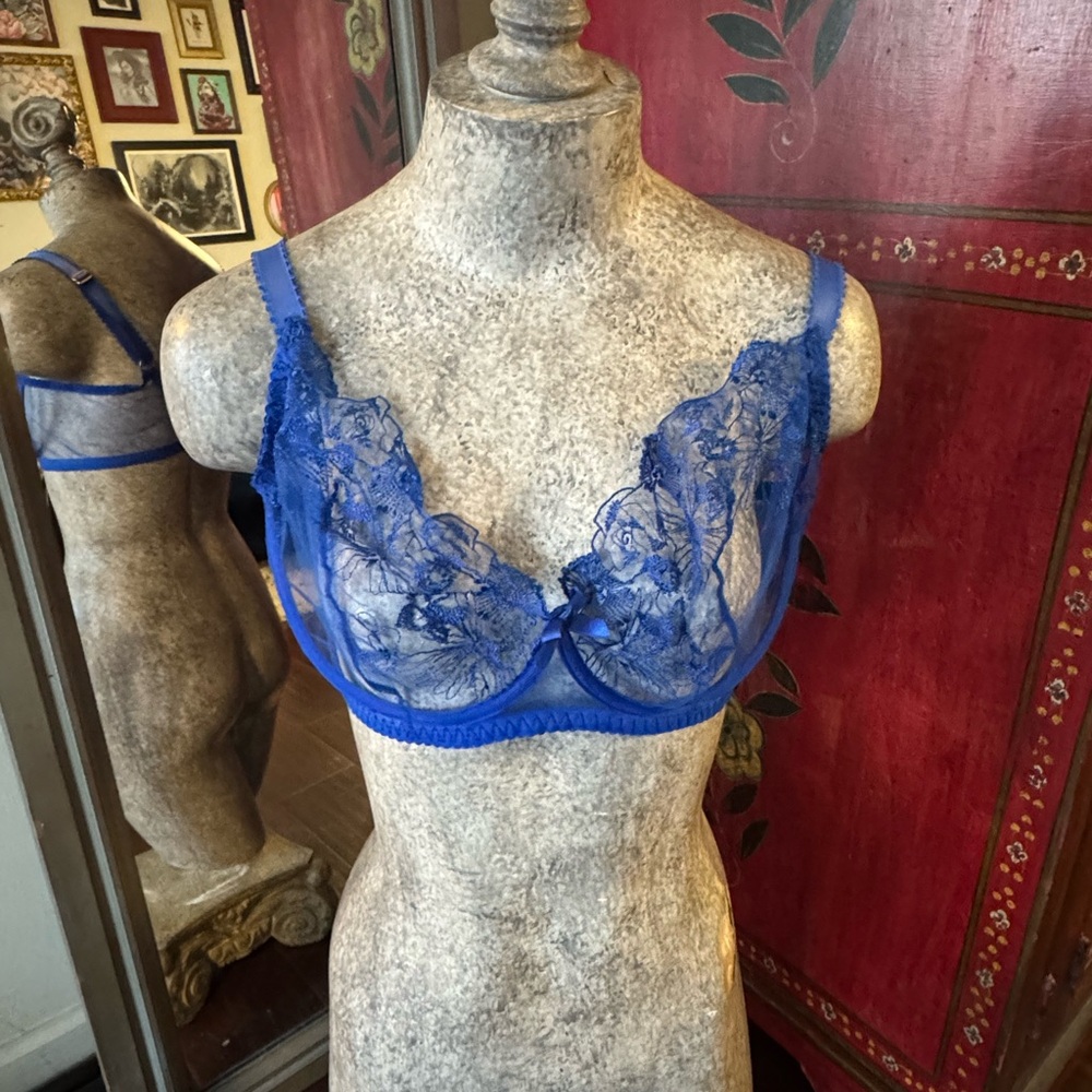 Agent Provocateur Blue Lace Bra with Floral Detailing and Underwire Support
